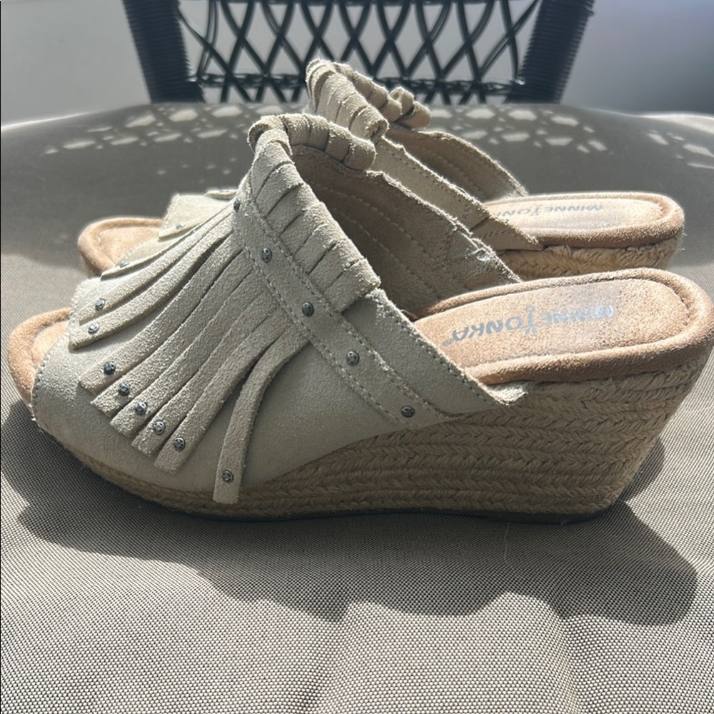 Minnetonka Taupe Fringe Espadrille Wedge Mules